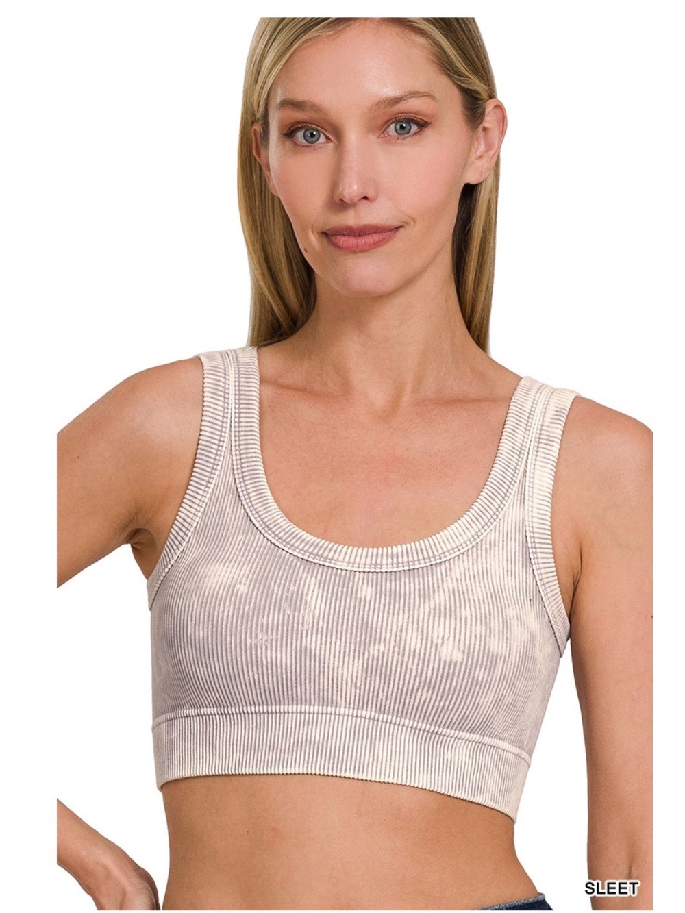 Zenana Ribbed Tank acid wash Bralette in sleet